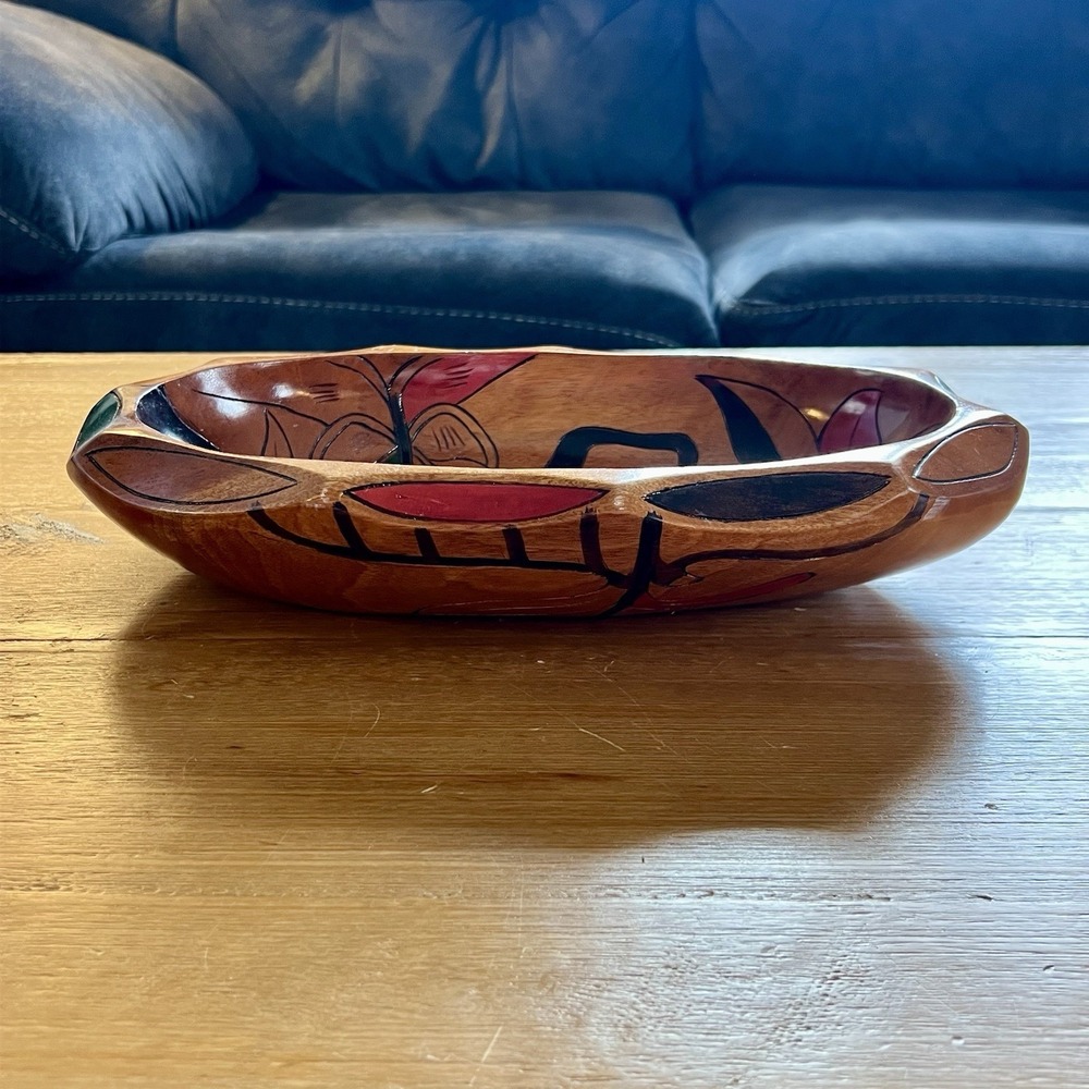 Vintage Hand Carved Wood Fruit Bowl Painted‎ Floral Folk Art Decorative - Picture 2 of 9